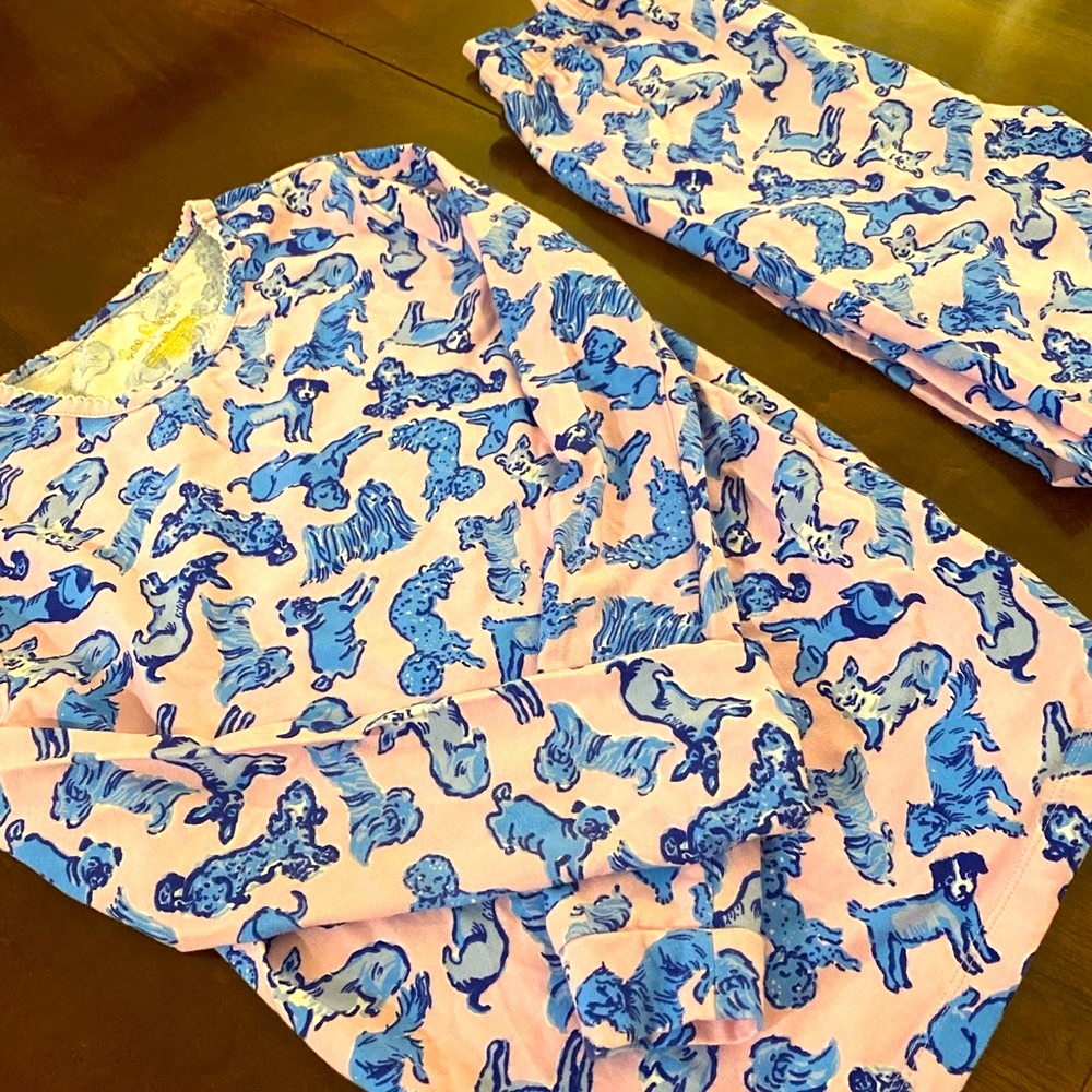 Lilly Pulitzer Girl Sammy Pajamas Ruff Night Dogs Pink Zanzibar Blue - Size 14